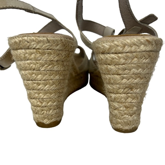 Kanna Genuine Leather Beige Tan T-Strap, Ankle Strap Espadrille Wedge Sandals - Picture 4 of 6